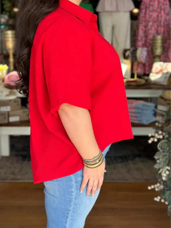 Red Button Up Collared Top