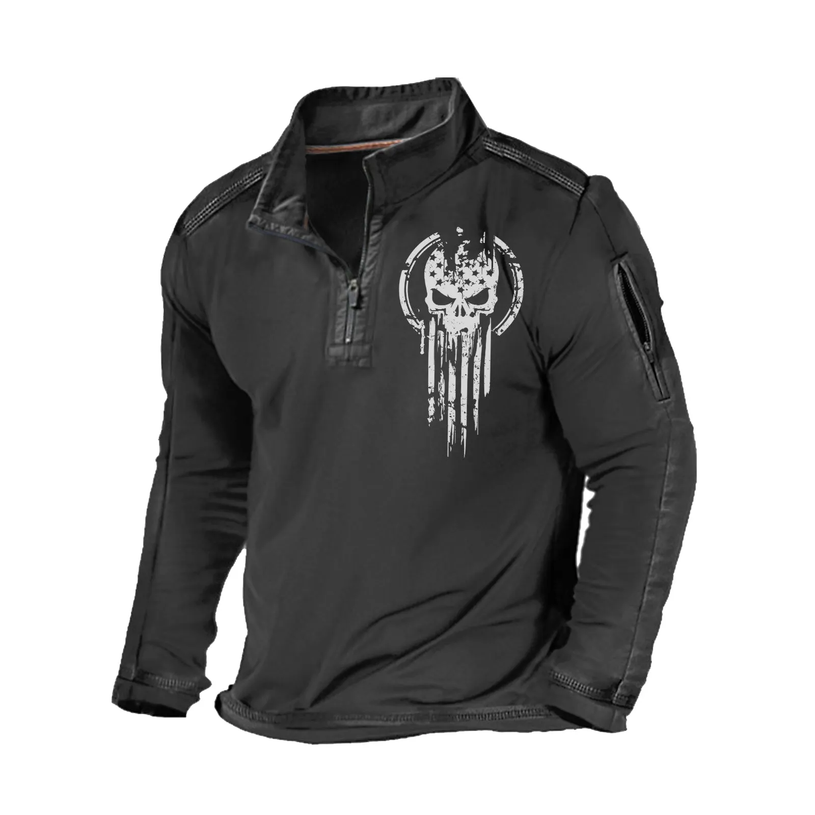 SKULL STAND COLLAR ZIPPER POCKET GRAPHIC SWEATSHIRT